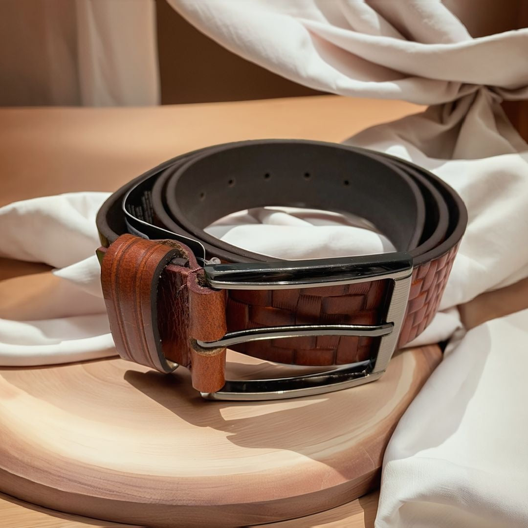 BROWN WOVEN LEATHER BELT